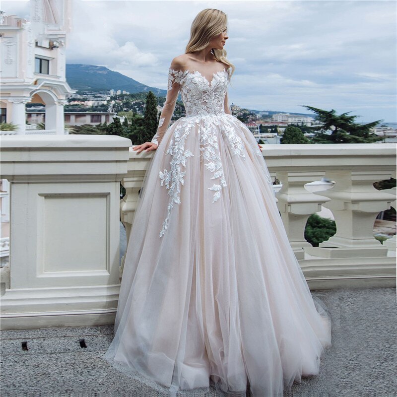 Elegant Off The Shoulder Wedding Dress A-Line Sheer V-Neck Sweep Train –  WeddingDresses